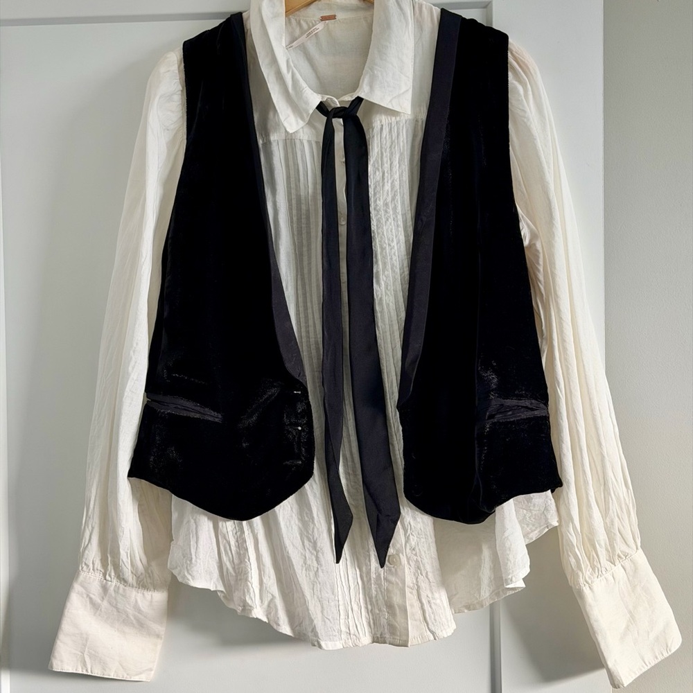 Free People Black Velvet Vest and White Vintage Top. Black velvet neck-tie